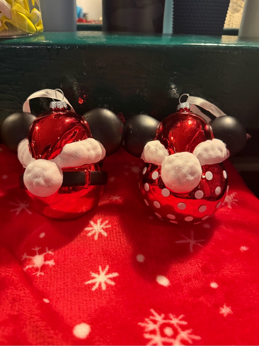 Red Mickey and Minnie Mouse-Style Holiday Glass Ornament Duo
